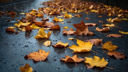 Wet autumn leaves strewn across a rain-drenched pavement, producing a deep, atmospheric texture. The earthy shades of yellow, brown, and orange stand out against the dark, shiny surface.