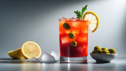 Fototapeta premium Tomato cocktail beverage, a variation containing juice, vodka, lemon, celery, spicy sauce, and ice. Gray background with hard lighting.