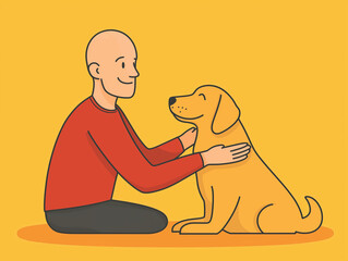 Cartoon of a bald man petting a golden retriever dog