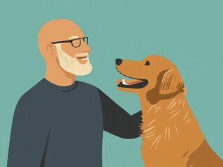 Cartoon of a bald man petting a golden retriever dog