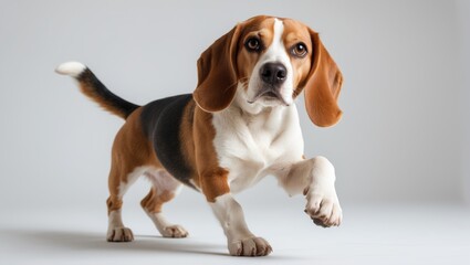Portrait of a playful pet, a cute dog posing against a studio background. Concept of motion, action, pets love, and animal life. Appears happy and delighted. Copyspace for advertisement.