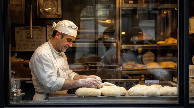 A baker wearing a hat is working with dough in the bakery