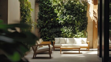 sofa greenery interior. Bright living room with sofa, armchair, pouf and green plants. Green House. Eco-friendly housing