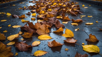Wet autumn leaves spread across a rain-drenched pavement, forming a rich, moody texture. The earthy shades of yellow, brown, and orange stand out against the dark, shiny surface.