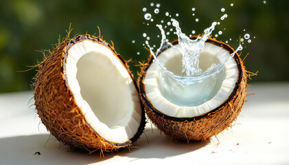 Coconut Water Splash: A refreshing image of a cracked open coconut with the water splashing out. The light hitting the water droplets gives the image a sense of vibrancy.
