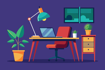 A vibrant workspace showcases a wooden desk with a laptop, an ergonomic chair, and potted plants, all illuminated by warm light from a desk lamp and natural daylight.
