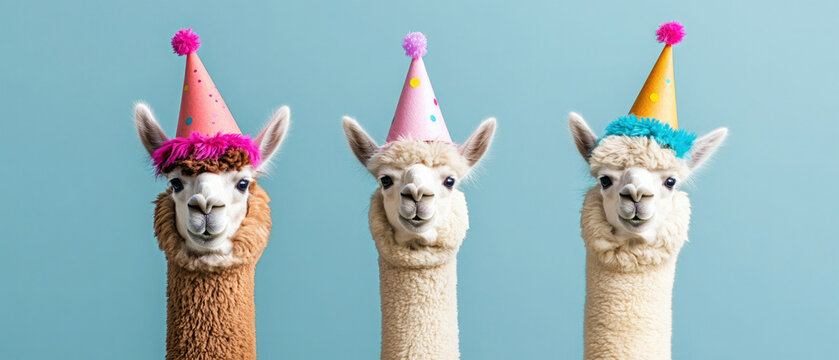 Happy Birthday, carnival, New Year's eve, sylvester or other festive celebration, funny animals card - alpacas or lamas with party hats, blue background 