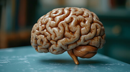 A detailed view of a brain-shaped ornament placed on a clean blue surface symbolizing brain health and tumor awareness