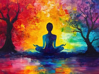Silhouette of person meditating in yoga pose against vibrant multicolored abstract background