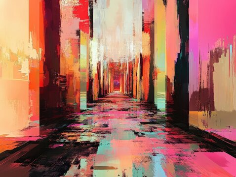 Fototapeta Abstract colorful corridor with brushstroke texture in warm tones, perspective depth