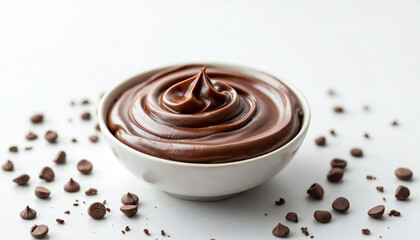 Chocolate Ganache in Bowl: A decadent bowl of rich, smooth chocolate ganache with chocolate chips scattered around it. The ganache has a creamy, swirling texture, hinting at its luscious taste.