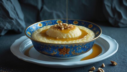 Traditional Turkish dessert rice pudding in a top view.