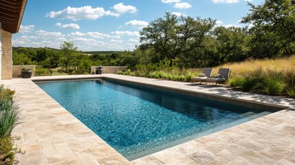 Serene Outdoor Swimming Pool Surrounded by Lush Greenery and Clear Blue Sky in a Tranquil Landscape Setting