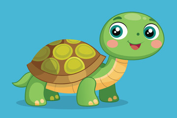 Fototapeta premium A playful cartoon turtle stands on a vivid blue background, displaying a joyful face with large eyes and a cheerful smile, inviting a sense of fun and positivity.