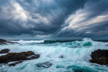 Fototapeta premium Cloudy, dramatic seascape with dark, swirling clouds above a wild ocean, powerful waves crashing against rocks