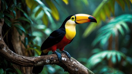 Fototapeta premium Toucan Collared Aracari, a bird with a large bill, perched on a moss-covered branch in the forest. Nature exploration in Central America.
