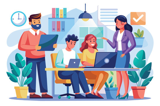 A diverse group of four professionals engages in a collaborative discussion in a bright office setup, utilizing laptops and notepads to organize their tasks.
