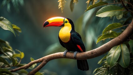 Obraz premium Toucan perched on a branch in the forest, surrounded by green vegetation. Nature travel holiday. Keel-billed Toucan. Wildlife.