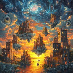 Obraz premium Surreal floating city skyline with cosmic sunset and glowing eyes
