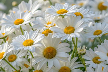Fototapeta premium White daisies with sunny yellow centers are displayed, emphasizing their charming simplicity and vibrant floral characteristics.