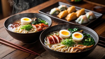 Traditional ramen featuring jerked pork or chicken, accompanied by udon or ramen noodles. Served in classic bowls, with gyoza dumplings and mushrooms visible in the background, set against a natura...