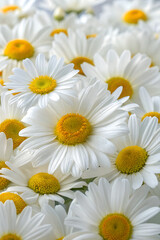 Obraz premium A close-up of white daisies featuring bright yellow centers, showcasing their delicate petals and vibrant colors. 