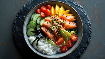 View from above of a vibrant poke bowl filled with fresh vegetables and rice, placed on a dark slate background.
