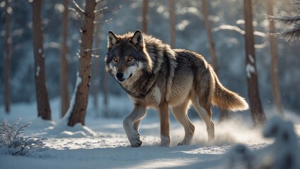 Naklejka premium Timber wolf in a bright, snowy winter forest. Wildlife.
