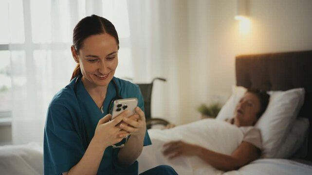 Nurse ignoring senior woman patient with disability, distracted by phone