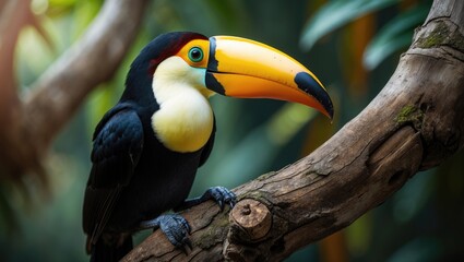 Naklejka premium Toucan perched on tree branch in tropical forest or jungle