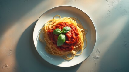 View from above of a plate with spaghetti in tomato sauce and basil against a white background.