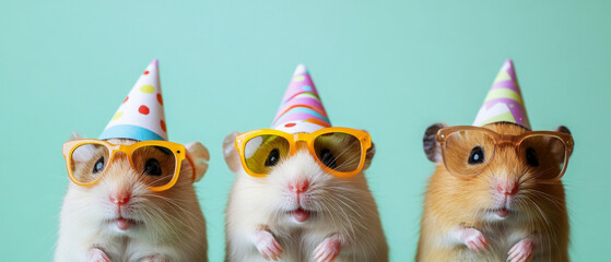 Fototapeta premium Happy Birthday, carnival, New Year's eve, sylvester or other festive celebration, funny animals card - hamsters with party hats and glasses, blue background