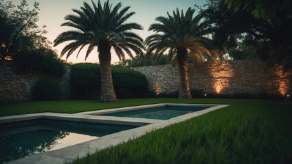 Fototapeta premium Serene outdoor environment includes a shimmering pool and lush garden, ideal for relaxation.