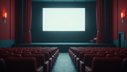 Fototapeta premium Empty cinema hall with a blank screen and red curtains 