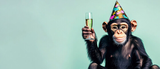 Happy Birthday, carnival, New Year's eve, sylvester or other festive celebration, funny animals card - monkey with party hat, and a glass of champagner, blue background