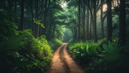 Trail through the forest in spring with fresh wild garlic lining the path.
