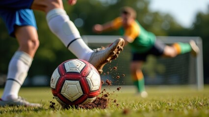Obraz premium A close-up of a football player mid-kick, the ball compressing against their foot, mud flying off the ground as the goalkeeper
