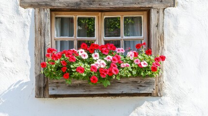 Window box overflowing with red and pink geraniums, rustic wood frame, sunlit wall