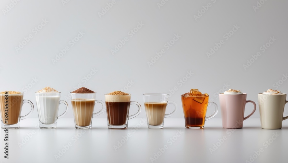 Poster different hot and cold beverages. various drinks assorted isolated on a white background.