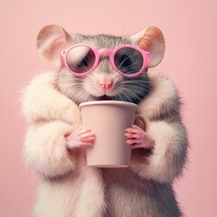 Cute mouse wearing pink sunglasses and furry coat enjoys a cup in a pastel setting, perfect for a...