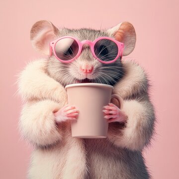 Cute mouse wearing pink sunglasses and furry coat enjoys a cup in a pastel setting, perfect for a playful and whimsical moment