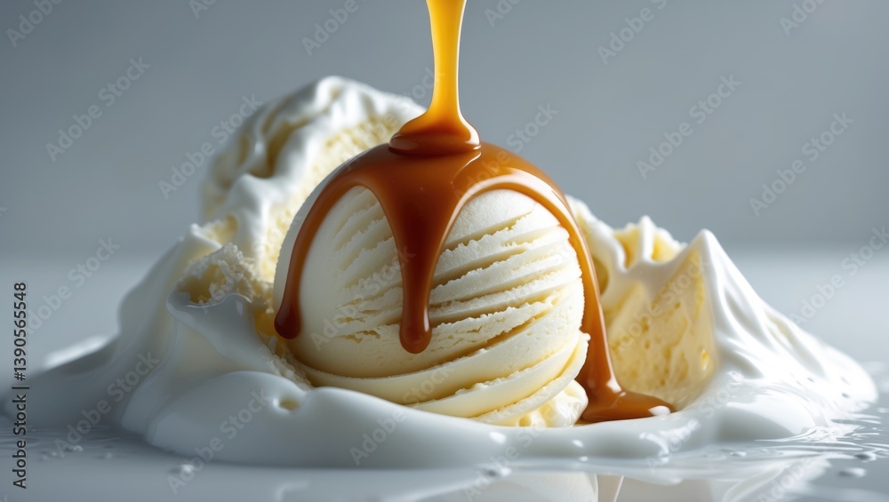 Poster vanilla ice cream topped with melted caramel sauce set against a plain background.
