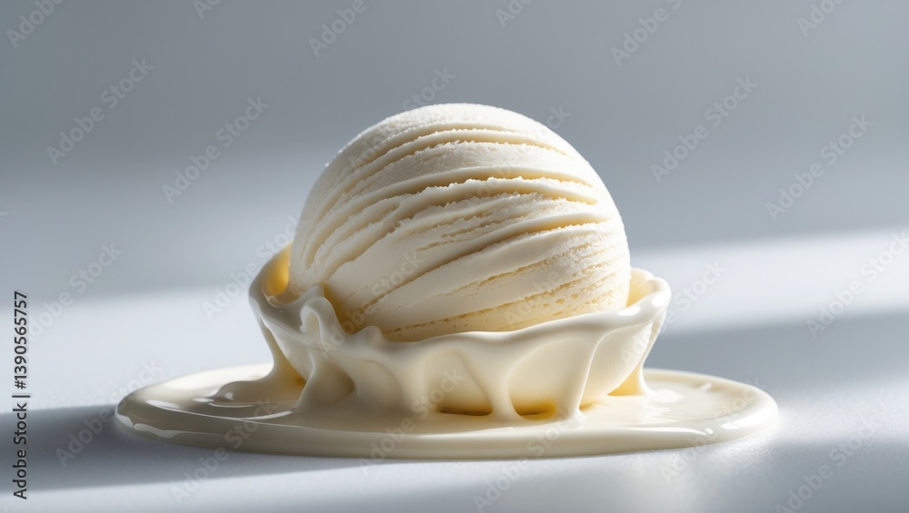 Poster vanilla ice cream scoop placed on a white backdrop.