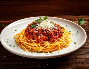 Italian spaghetti bolognese with meat sauce, parmesan cheese sprinkled on top, garnished with parsley, served on a white ceramic plate