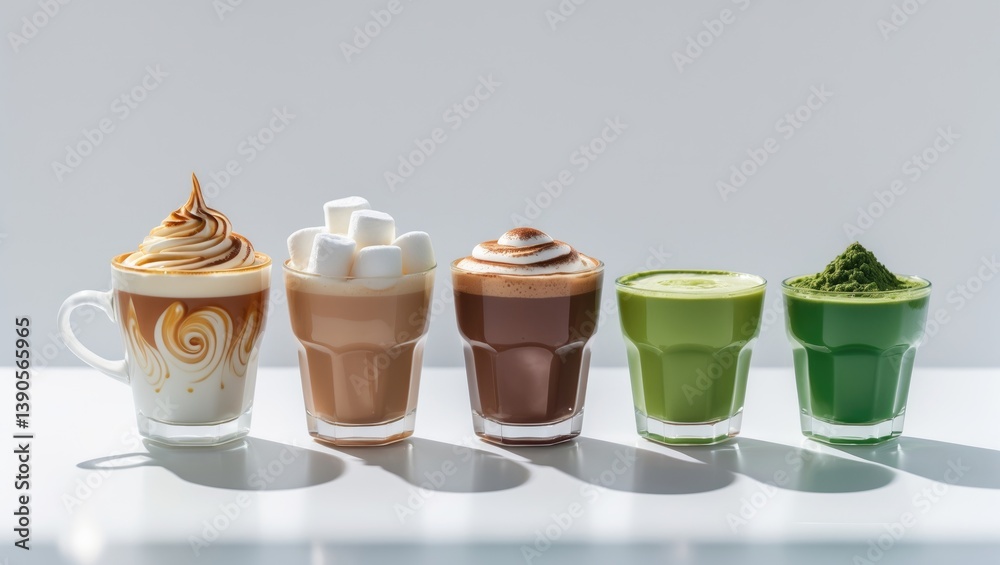 Poster assorted hot beverages. various coffee drinks displayed individually against a background. coffee co