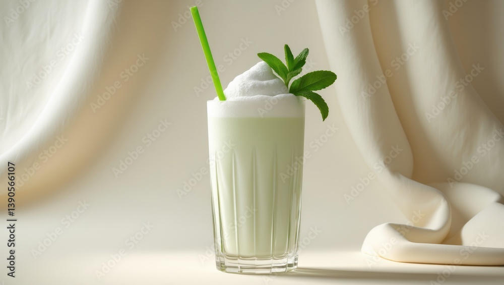 Poster vanilla milk shake with mint on a light background. vanilla ice cream shake. banana smoothie featuri