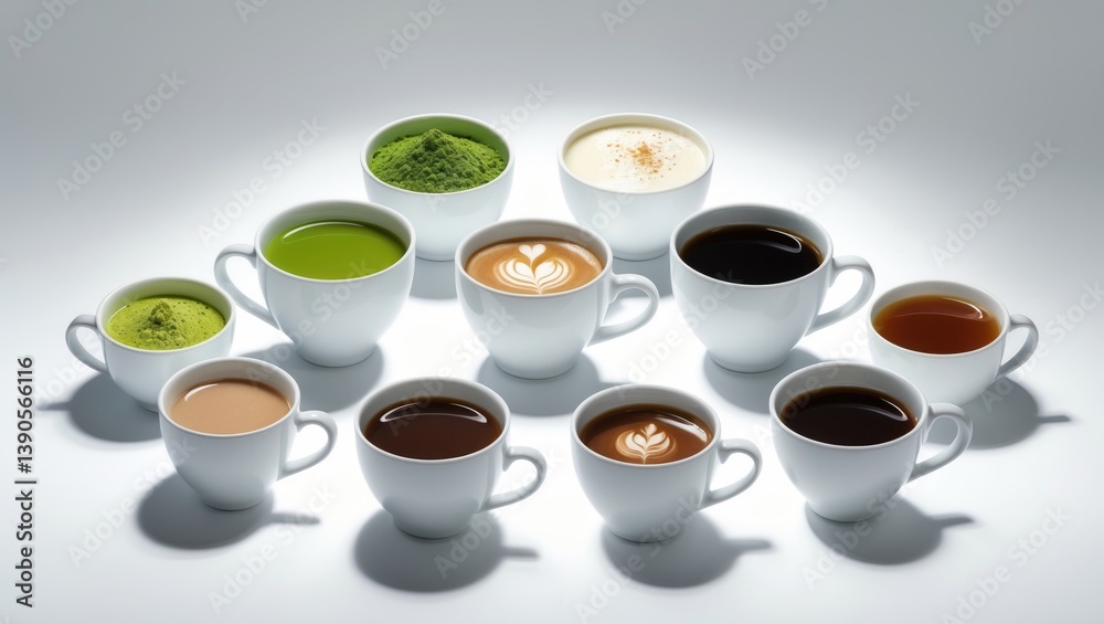 Poster various hot beverages. assorted drinks isolated on a white background. beverage collection set.