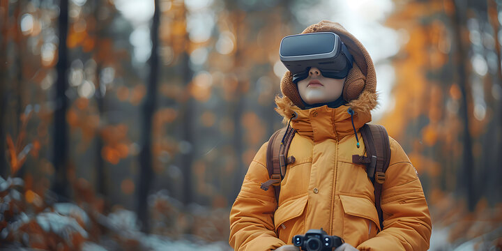 Imagen de un ni&ntilde;o con un sueter amarillo y lentes de realidad virtual en un bosque en oto&ntilde;o