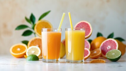 Fototapeta premium Varied citrus beverage in glasses on a light background. Refreshing drink.