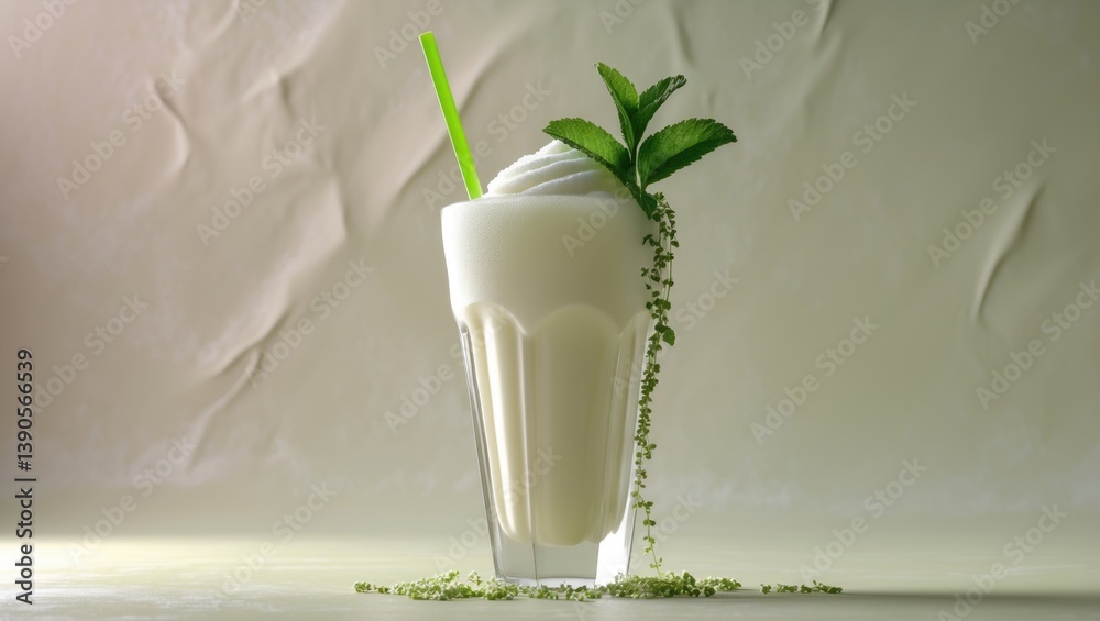Poster vanilla shake with mint against a white backdrop. vanilla ice cream milkshake. banana smoothie featu